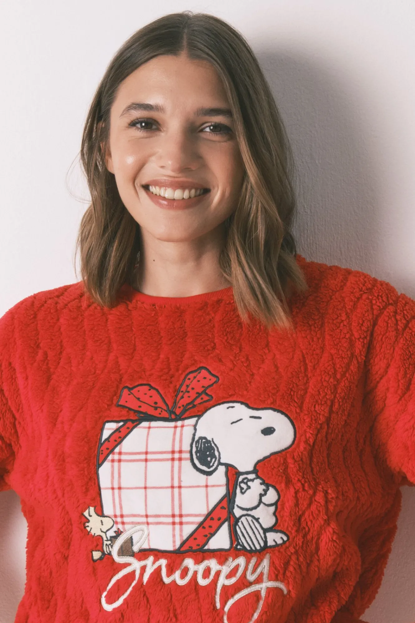 Women'secret Pijamas-Pijama longo de lã xadrez Snoopy vermelho