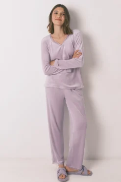 Women'secret Pijamas-Pijama longo de veludo lilás rosa