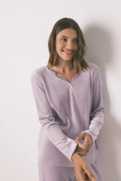 Women'secret Pijamas-Pijama longo de veludo lilás rosa
