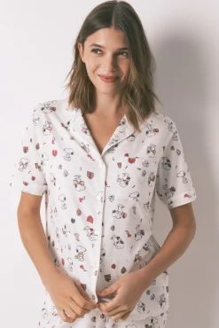 Women'secret Pijamas-Pijama longo estilo camisa 100% algodão Snoopy branco