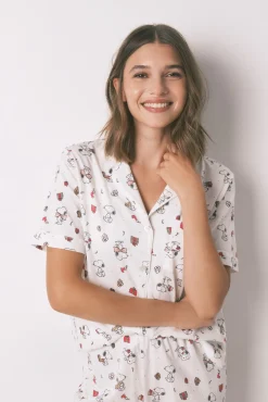 Women'secret Pijamas-Pijama longo estilo camisa 100% algodão Snoopy branco