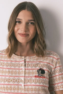 Women'secret Pijamas-Pijama longo textura waffle felpudo com faixas Mafalda bege