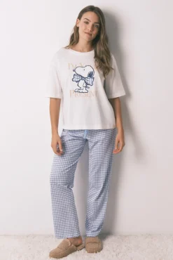 Women'secret Pijamas-Pijama pijama comprido de algodão Snoopy Vichy de manga manga bege