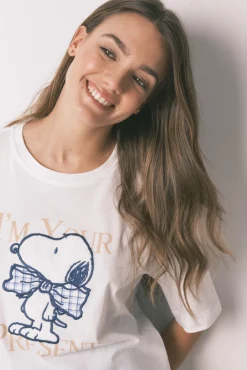 Women'secret Pijamas-Pijama pijama comprido de algodão Snoopy Vichy de manga manga bege