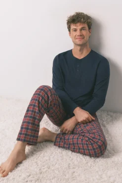 Women'secret Pijamas-Pijama xadrez masculino 100% algodão azul