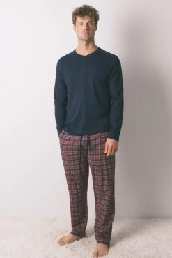 Women'secret Pijamas-Pijama xadrez masculino 100% algodão azul