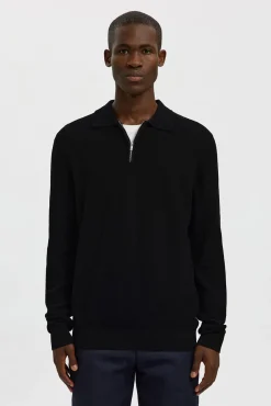 Selected Polos-Polo estruturada com meia fecho-éclair Preto