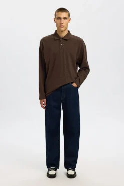 Selected Polos-Polo jacquard de manga manga 100% algodão orgânico Castanho