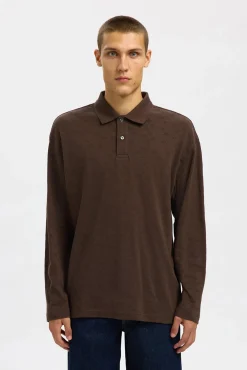 Selected Polos-Polo jacquard de manga manga 100% algodão orgânico Castanho