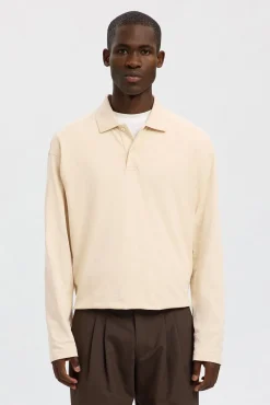 Selected Polos-Polo jacquard de manga manga 100% algodão orgânico Tostado