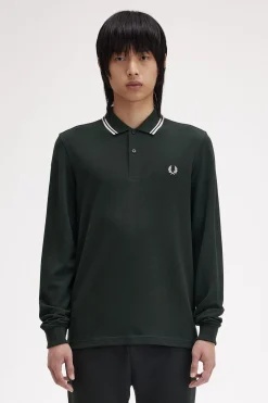 Fred Perry Polos-Polo piqué de manga comprida masculina Verde