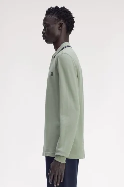 Fred Perry Polos-Polo piqué de manga comprida masculina Verde