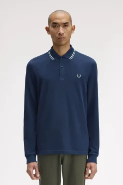 Fred Perry Polos-Polo piqué de manga comprida masculina Azul