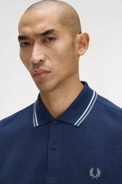 Fred Perry Polos-Polo piqué de manga comprida masculina Azul