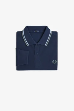 Fred Perry Polos-Polo piqué de manga comprida masculina Azul