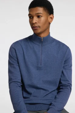 Selected Camisolas-Pulôver de malha com meio fecho de correr 100% algodão Azul