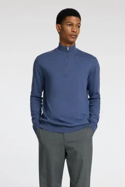 Selected Camisolas-Pulôver de malha com meio fecho de correr 100% algodão Azul