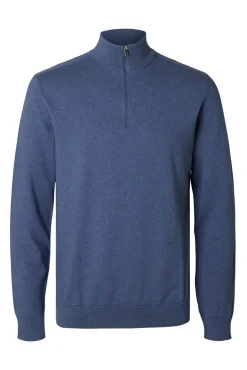 Selected Camisolas-Pulôver de malha com meio fecho de correr 100% algodão Azul