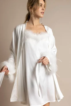 Admas Roupões-Robe curta acetinada penas marabu noiva branco