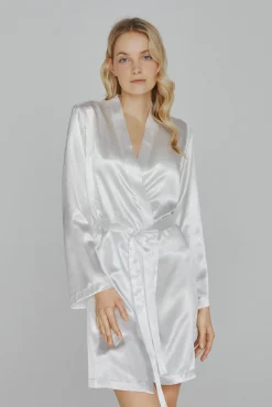 Ivette Bridal Roupões|Pijamas-Robe de mulher curto de cetim em branco bege