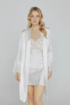 Ivette Bridal Roupões|Pijamas-Robe de mulher curto acetinado em branco bege