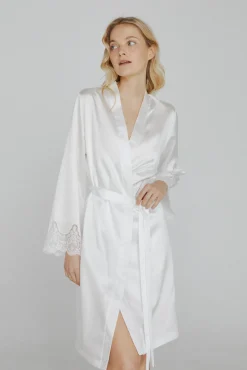Ivette Bridal Roupões|Pijamas-Robe de mulher curto acetinado em branco bege