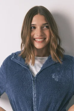 Women'secret Roupões-Robe midi com capuz em polar lurex azul