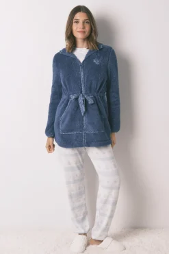 Women'secret Roupões-Robe midi com capuz em polar lurex azul