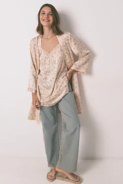 Women'secret Roupões-Robe solto de cetim midi com flor rosa