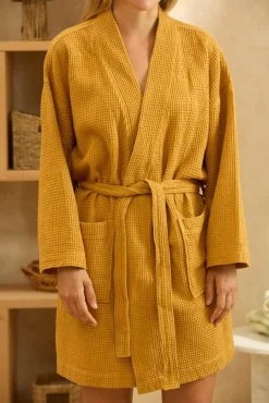 Calma House Roupa De Banho-Roupão de banho em favo de mel mostarda Júpiter estampado