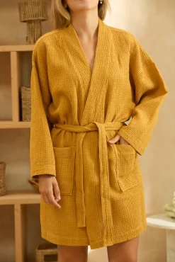 Calma House Roupa De Banho-Roupão de banho em favo de mel mostarda Júpiter estampado