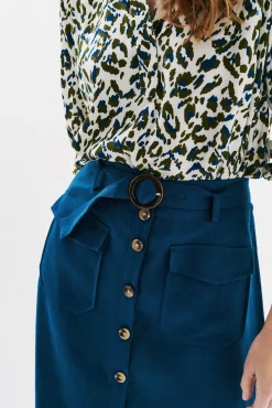 Caroll Saias-Saia comprida com botões 100% linho Azul