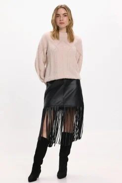 Vila Saias-Saia de couro sintético com franjas Preto