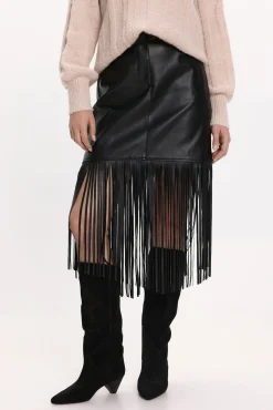 Vila Saias-Saia de couro sintético com franjas Preto