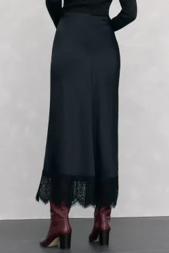 Pedro del Hierro Saias-Saia longa de cetim com detalhe de renda Preto