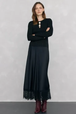 Pedro del Hierro Saias-Saia longa de cetim com detalhe de renda Preto