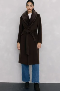 Pedro del Hierro Casacos-Sobretudo com gola de pele Marrom