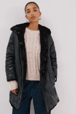 Cortefiel Casacos|Acolchoados E Agasalhos-Sobretudo comprido reversível efeito pelo Preto