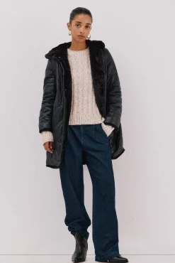 Cortefiel Casacos|Acolchoados E Agasalhos-Sobretudo comprido reversível efeito pelo Preto