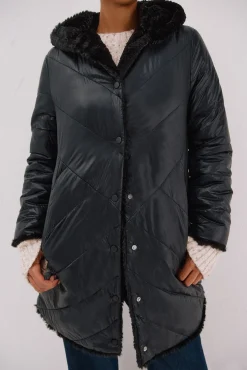 Cortefiel Casacos|Acolchoados E Agasalhos-Sobretudo comprido reversível efeito pelo Preto