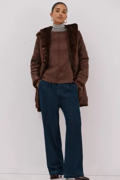 Cortefiel Casacos|Acolchoados E Agasalhos-Sobretudo comprido reversível efeito pelo Castanho