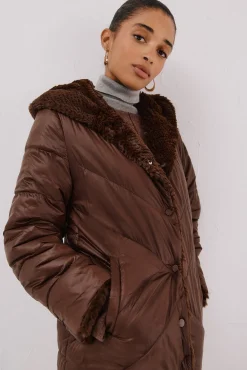 Cortefiel Casacos|Acolchoados E Agasalhos-Sobretudo comprido reversível efeito pelo Castanho