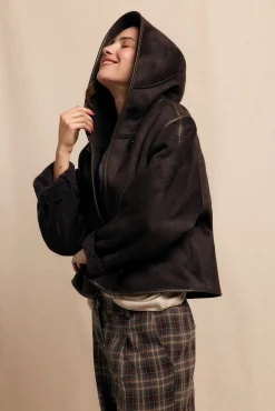 Slowlove Casacos-Sobretudo curto com efeito dupla face e capuz Castanho