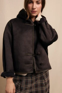 Slowlove Casacos-Sobretudo curto com efeito dupla face e capuz Castanho