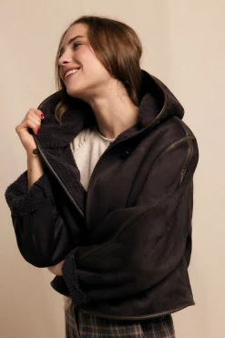 Slowlove Casacos-Sobretudo curto com efeito dupla face e capuz Castanho