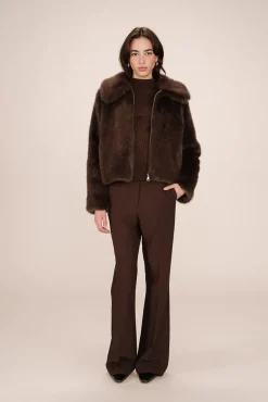 Grace & Mila Sobretudos|Casacos-Sobretudo curto de pele sintética marrom chocolate Castanho