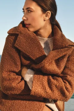 Cortefiel Casacos-Sobretudo curto de tecido macia Castanho