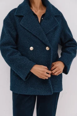 Cortefiel Casacos-Sobretudo curto de tecido macia Azul