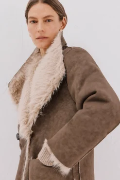 Cortefiel Casacos-Sobretudo de pele longo reversível Castanho