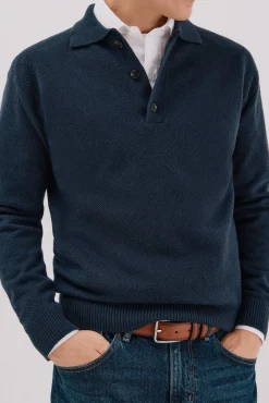 Cortefiel Camisolas-Suéter estruturado de lã com gola polo Azul